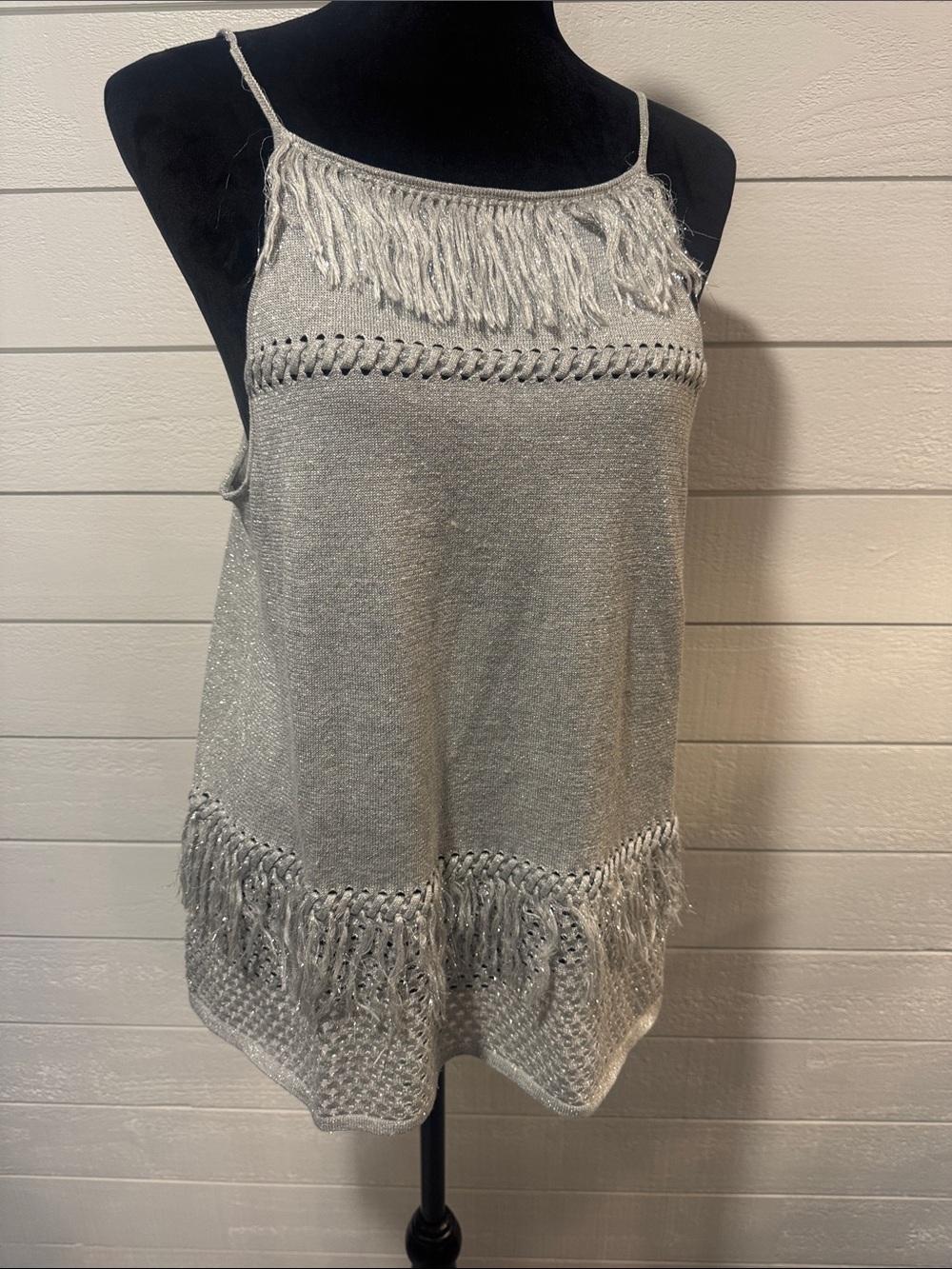 TOWNEN- Silver Fringe Knit Camisole Top - Women MEDIUM